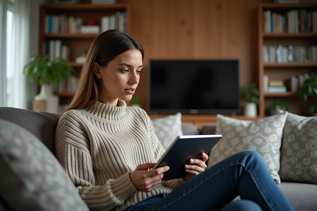 Jeune femme regardant une publicité à la télévision en prenant des notes