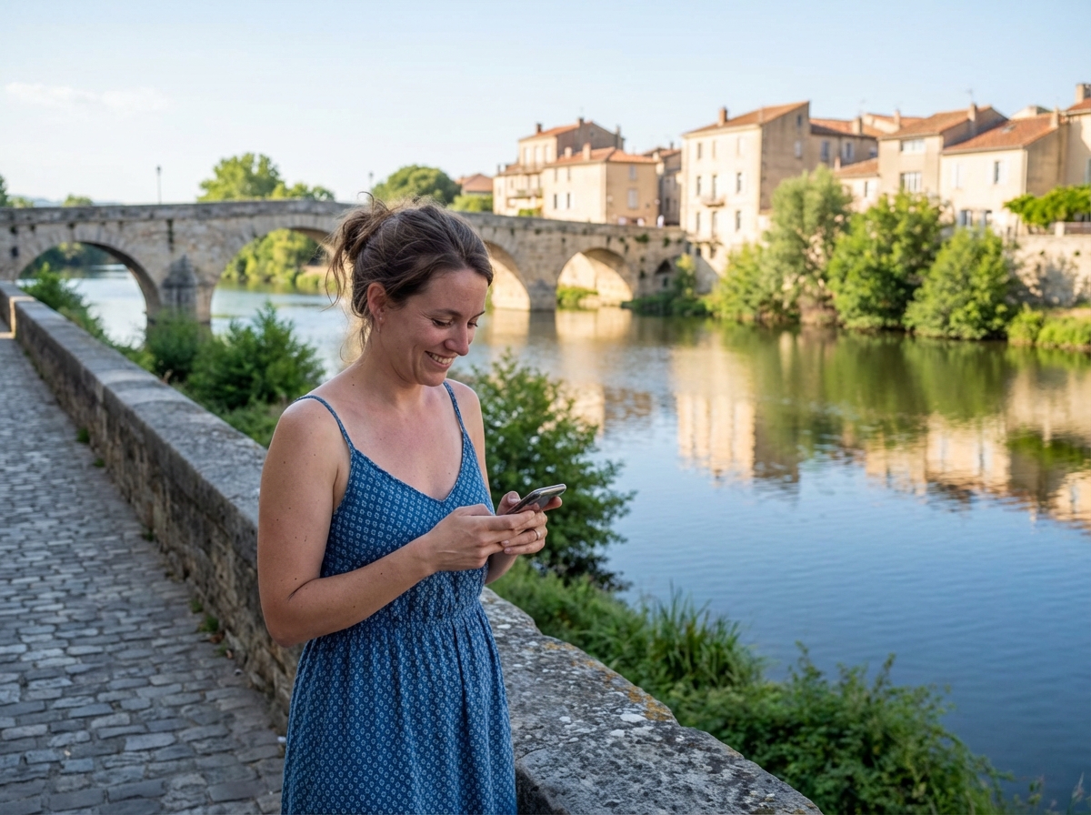 Femme en robe bleue vérifiant son smartphone près de la rivière