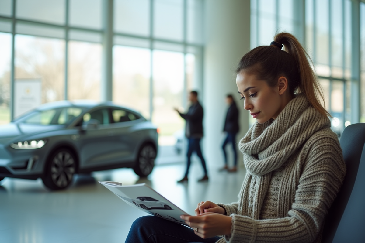 Femme lisant brochure dans showroom intérieur
