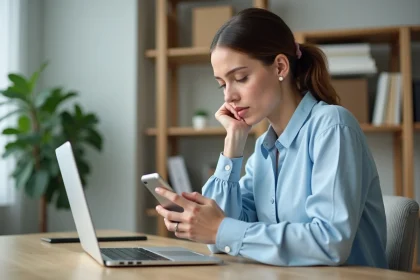 Femme en bureau &agrave; domicile regardant son smartphone