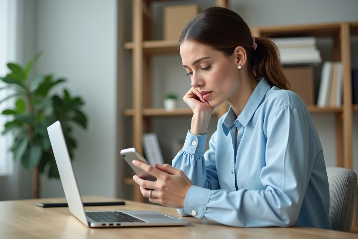 Femme en bureau à domicile regardant son smartphone