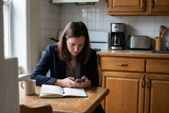 Femme d'affaires dans une cuisine moderne utilisant son smartphone