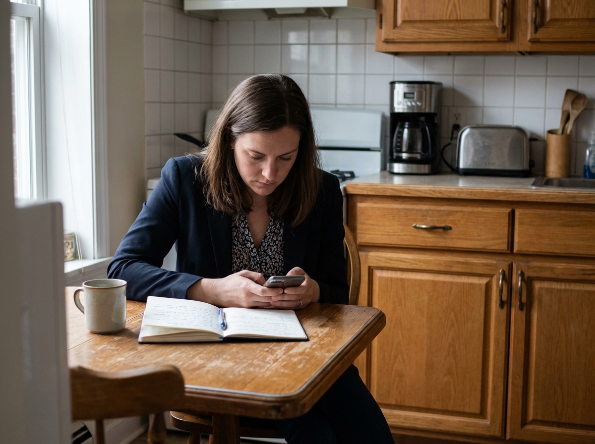 Femme d'affaires dans une cuisine moderne utilisant son smartphone