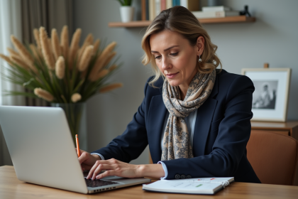 Femme élégante au bureau avec ordinateur et fleurs