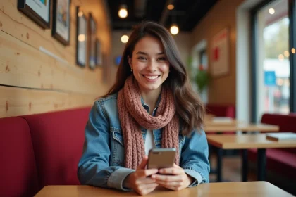 Femme souriante avec smartphone dans un fastfood convivial