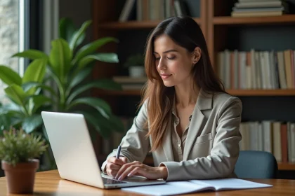 Jeune femme professionnelle &eacute;crivant contenu sur son ordinateur