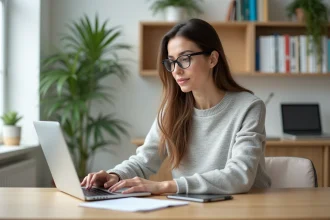 Femme en télétravail dans un bureau lumineux