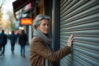 Femme d'âge moyen regardant la vitrine d'un magasin fermé
