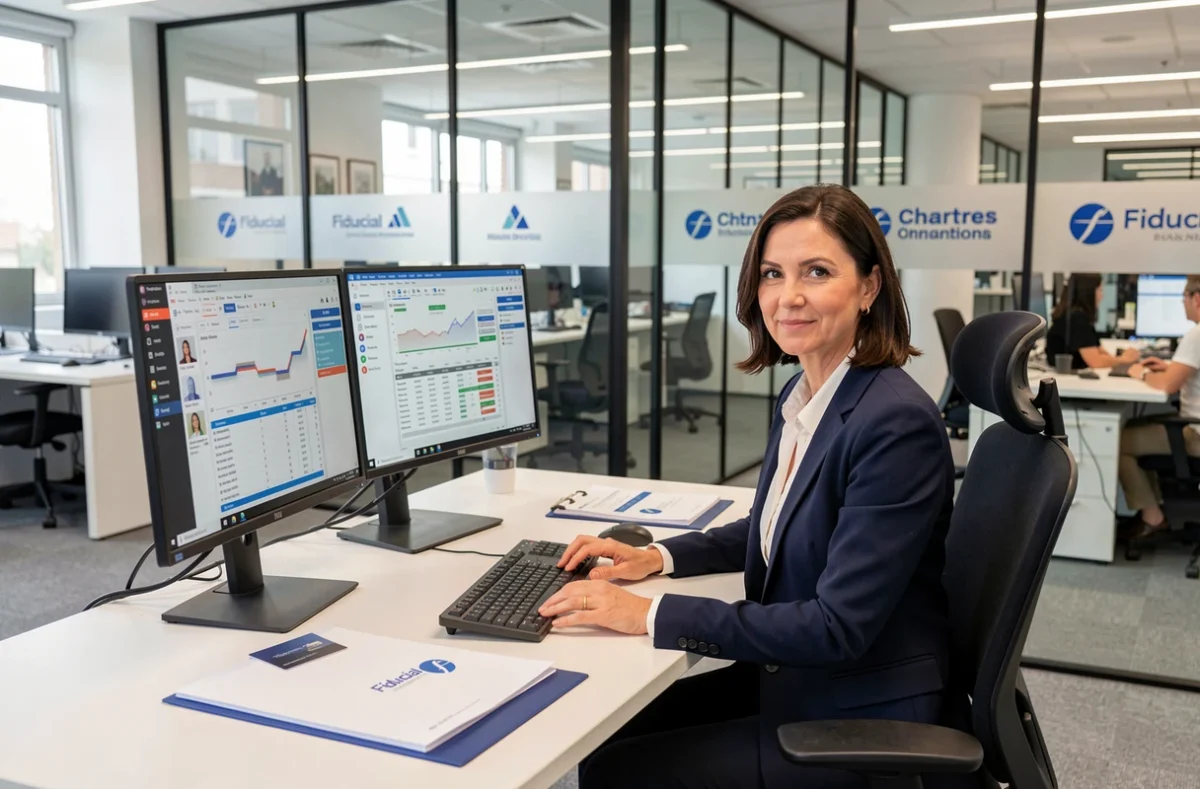 Experte-comptable Fiducial à son poste de travail dans une agence à Chartres avec logiciels comptables ouverts