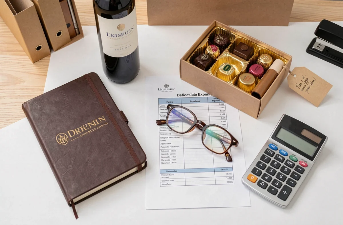 Vue aérienne d'un bureau comptable avec cadeaux salariés, feuille de calcul TVA et plafond de déductibilité