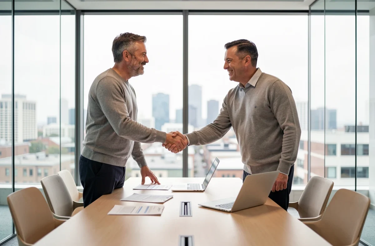 Freelance et client signant un accord de portage salarial dans une salle de réunion contemporaine