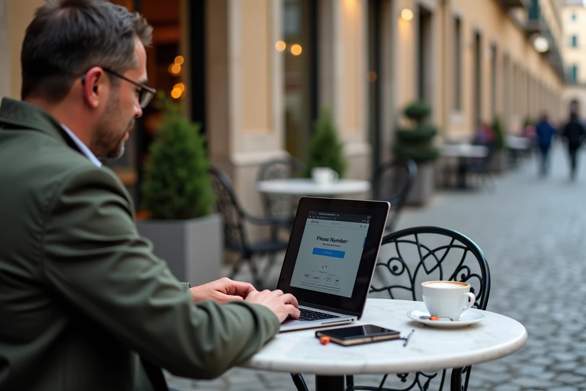 Homme en terrasse de café européen générant un numéro de téléphone français +33 sur son ordinateur portable