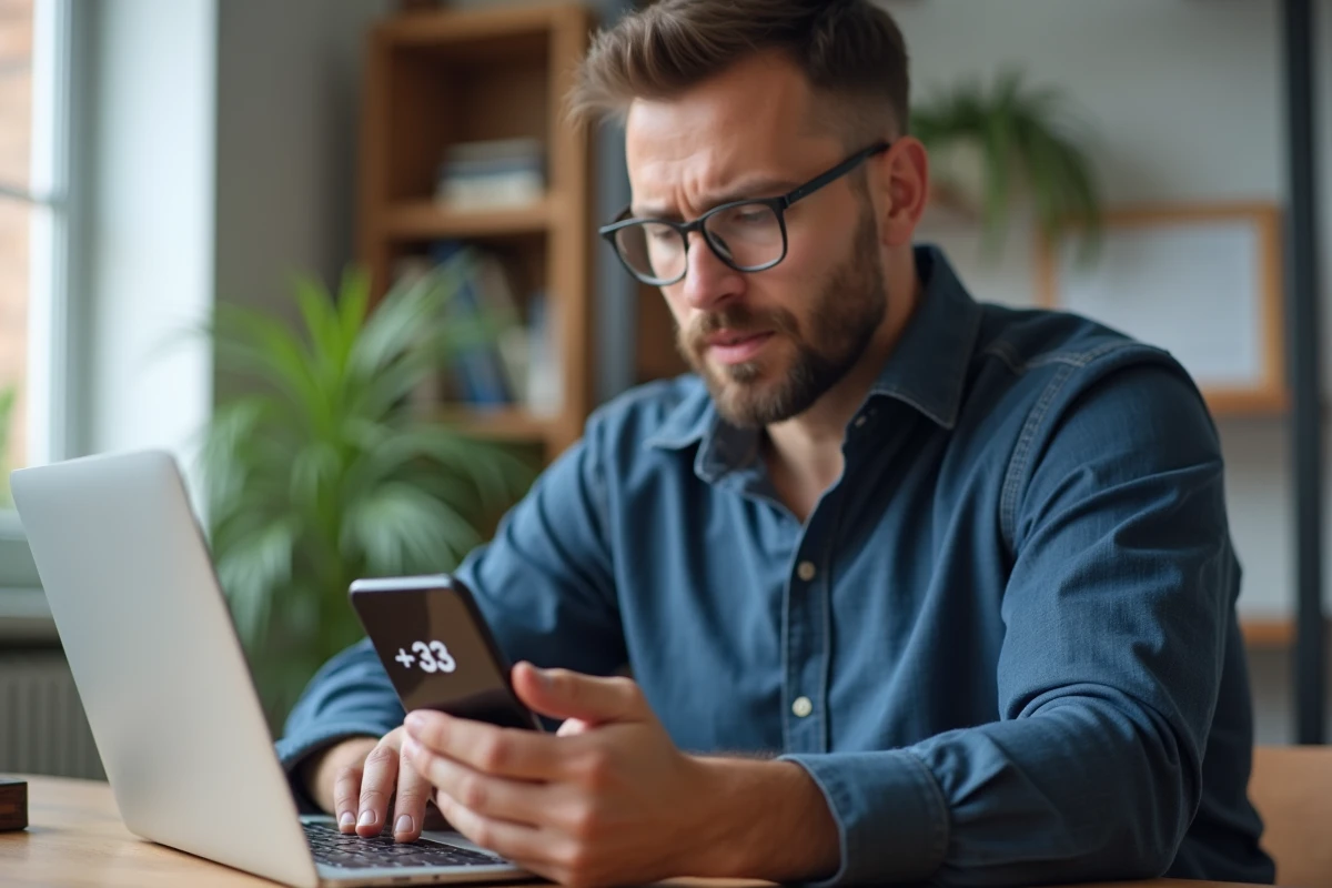 Homme assis à un bureau à l'étranger utilisant un smartphone affichant un numéro de téléphone français +33