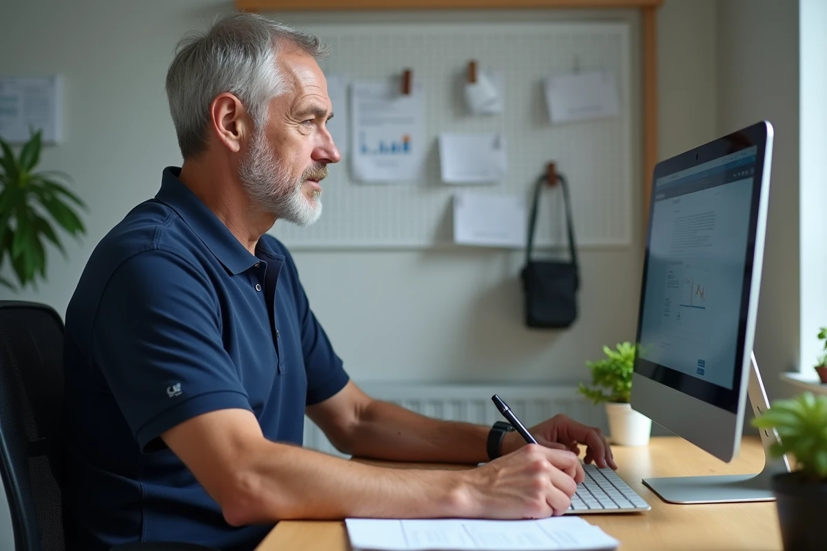 Homme employeur à domicile gérant ses déclarations Urssaf sur ordinateur de bureau dans un espace de travail rangé