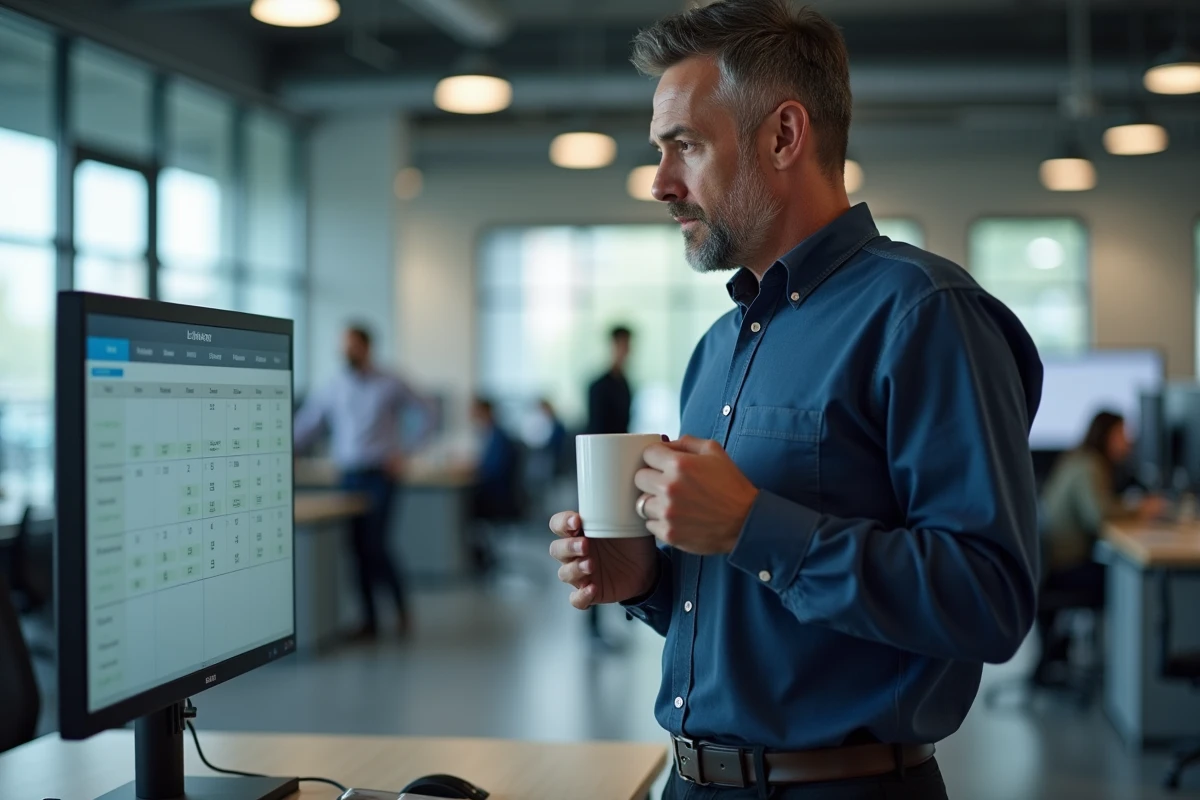 Homme consultant son calendrier num&eacute;rique dans un bureau moderne pour g&eacute;rer ses heures de travail