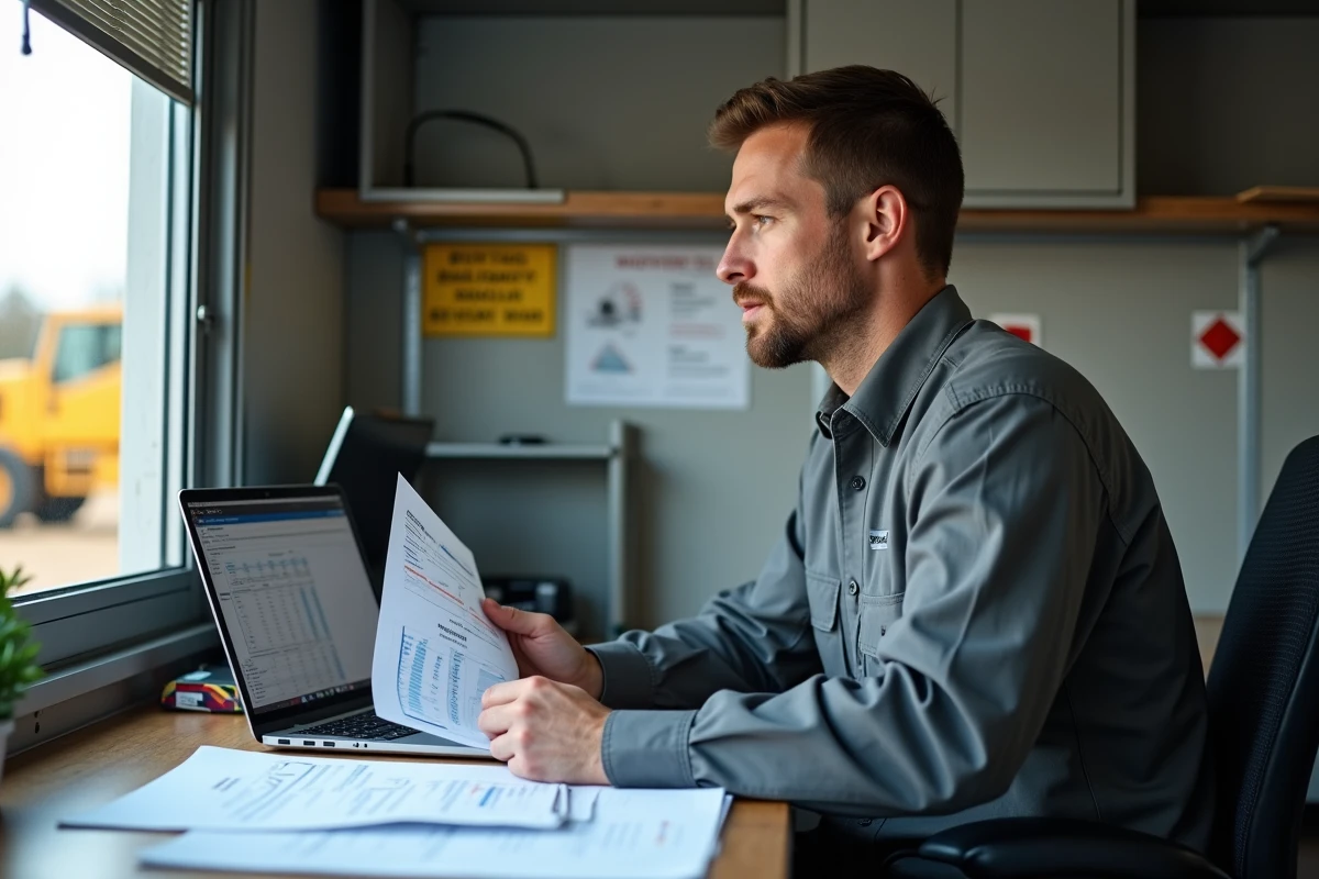 Gestionnaire de flotte analysant les d&eacute;penses de location Loxam dans un bureau de chantier avec rapports et ordinateur portable