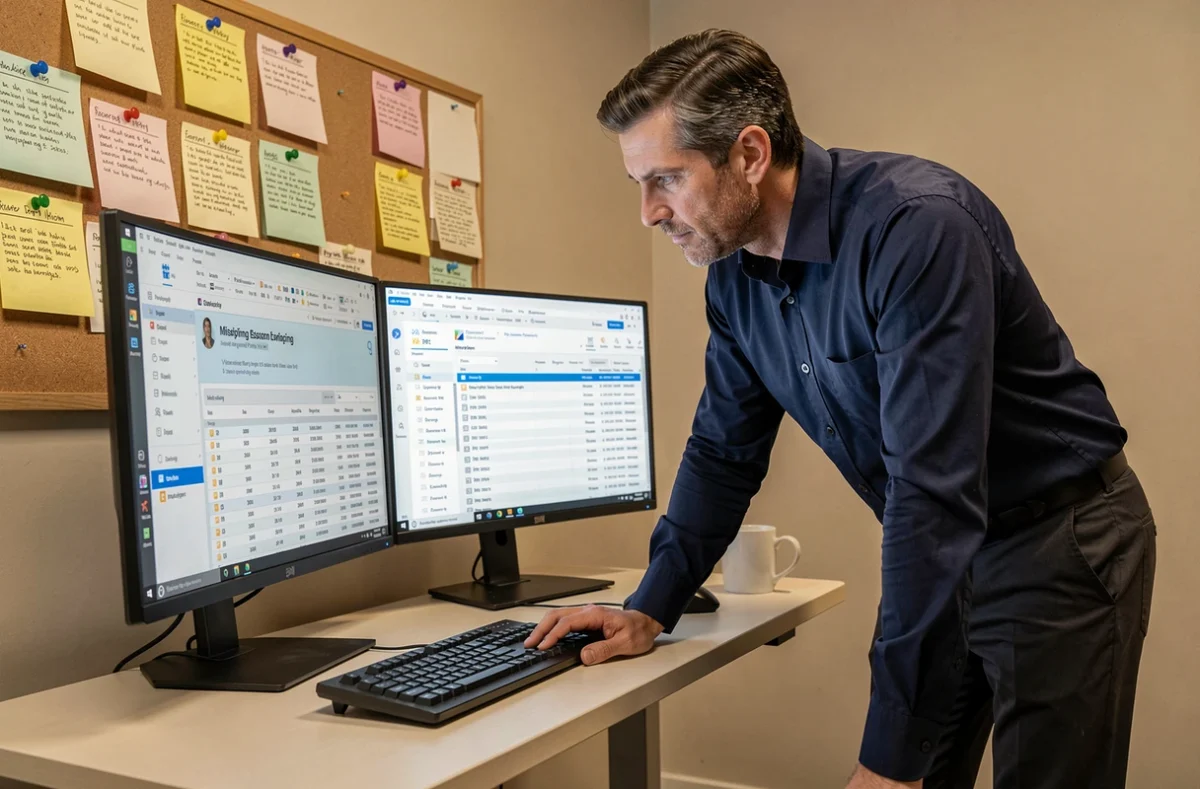 Gestionnaire de paie analysant une erreur de compte manquant dans le logiciel mySilae sur deux écrans de bureau