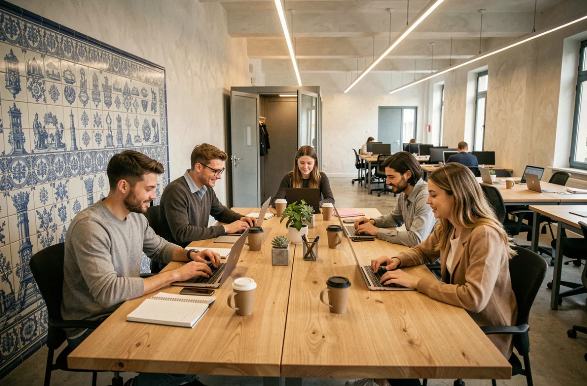Groupe de professionnels en coworking à Lisbonne autour d'une table commune avec décor portugais