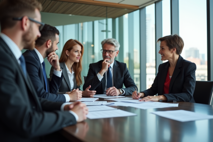 Groupe de professionnels en réunion dans un bureau moderne