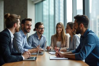 Groupe de jeunes professionnels en réunion dans un bureau moderne