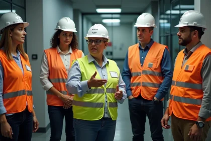 Groupe divers en vestes de securite lors d une demonstration en interieur