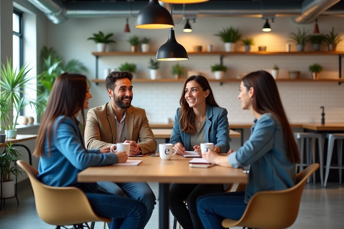 Employés du Groupe SYD en pause informelle dans un espace détente d'entreprise illustrant la culture interne