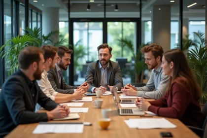 Équipe de professionnels du Groupe SYD en réunion collaborative autour d'une table de conférence dans un bureau moderne