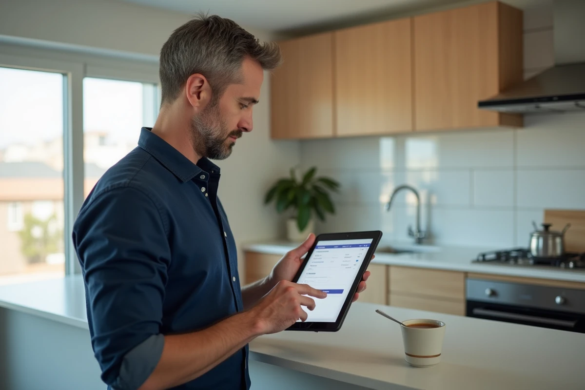 Homme consultant un espace de compte personnel sur une tablette numérique dans une cuisine moderne