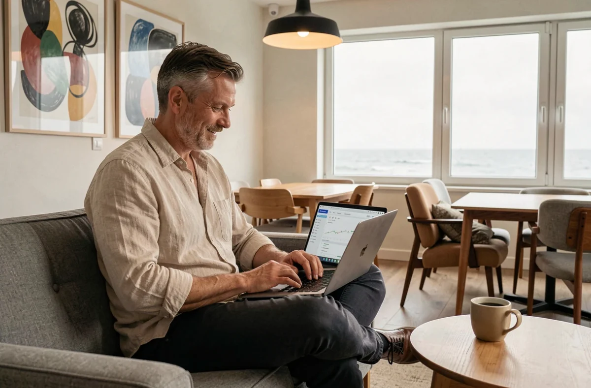 Guillaume Guersang, consultant SEO freelance en Finistère, travaillant sur son laptop dans un espace de coworking moderne à Brest