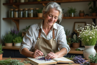 Femme herboriste arrangeant des plantes médicinales fraîches dans un atelier