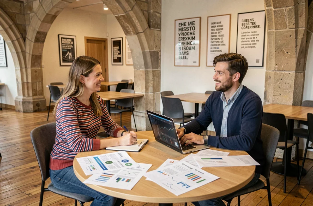 Professionnels de la coopérative Ho Pongo CAE29 Chrysalide travaillant sur une stratégie SEO dans un espace de coworking à Quimper
