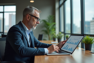 Homme d'affaires regardant des graphiques sur une tablette dans un bureau moderne