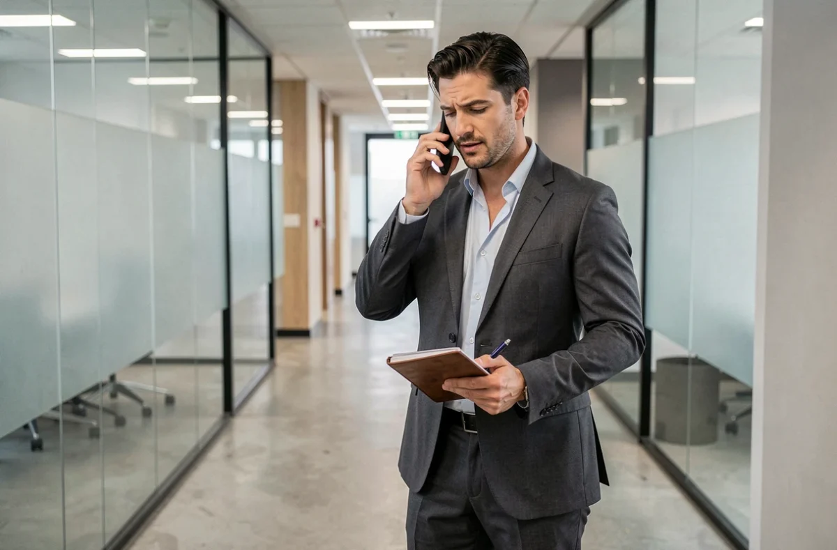 Homme d'affaires en costume téléphonant dans un couloir de bureau pour reporter un rendez-vous professionnel