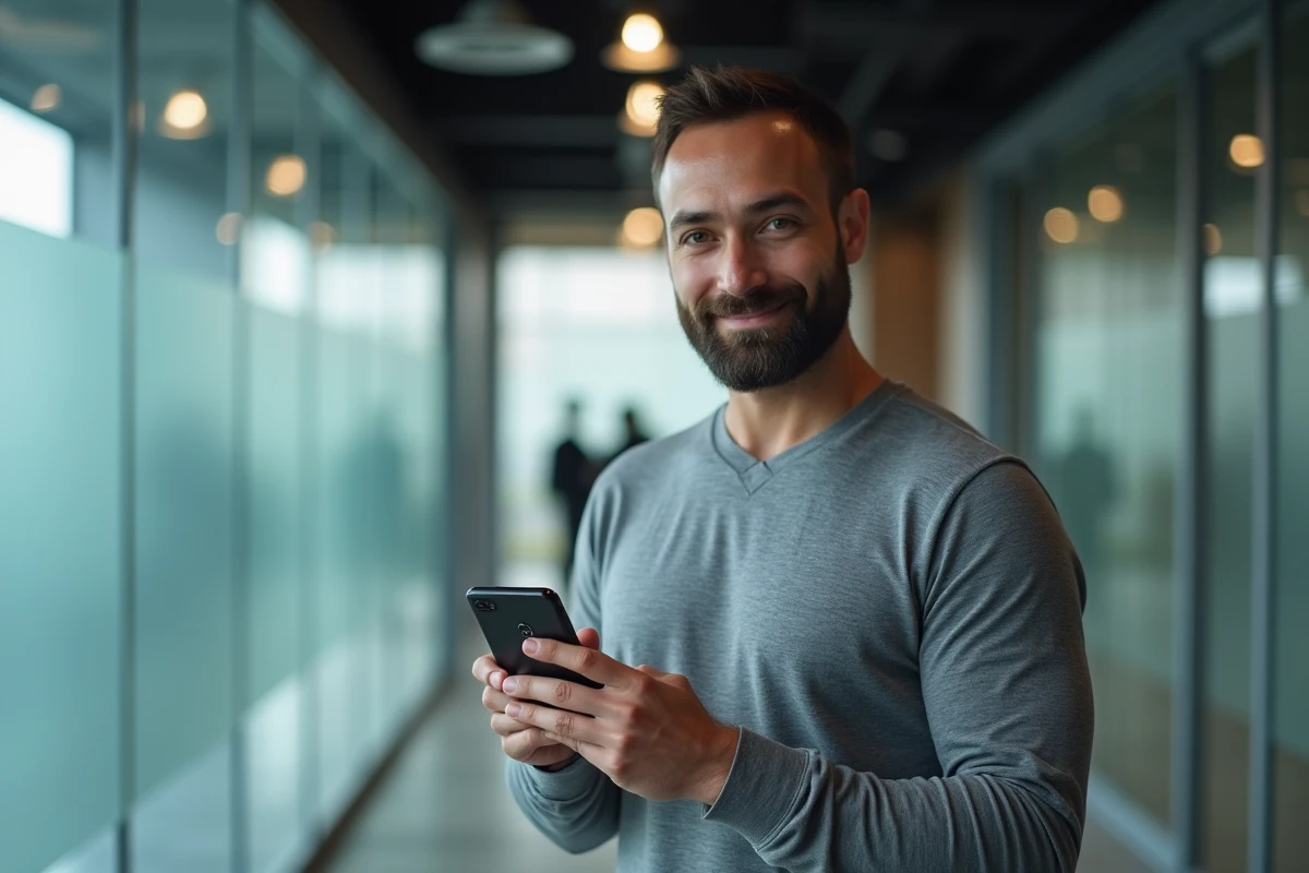 Homme vérifiant un code d'authentification sécurisée sur smartphone dans un couloir d'entreprise