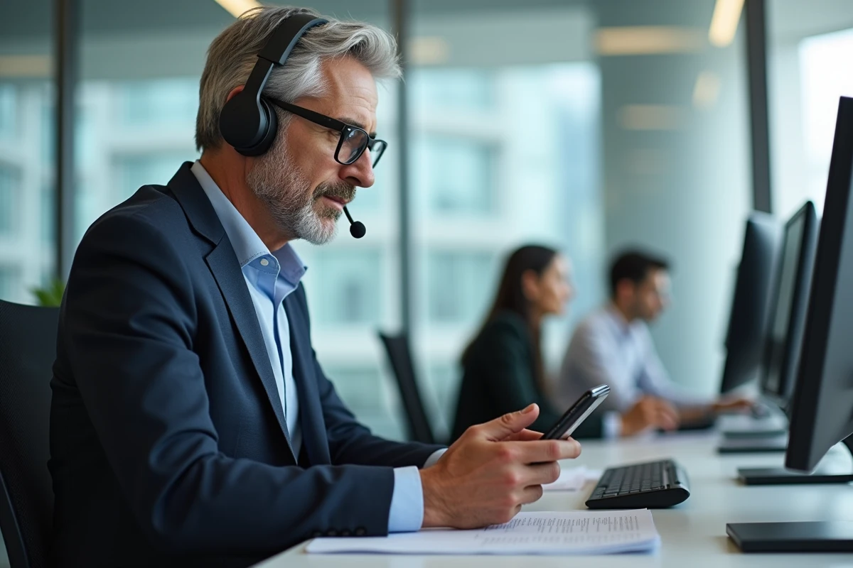 Homme en r&eacute;union avec casque et smartphone au bureau
