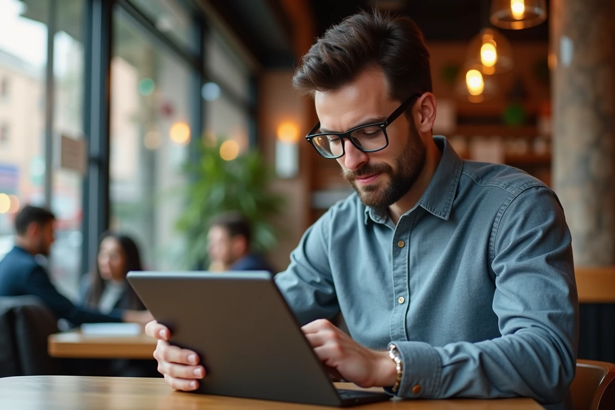 Homme en café urbain rédigeant un article sur sa tablette