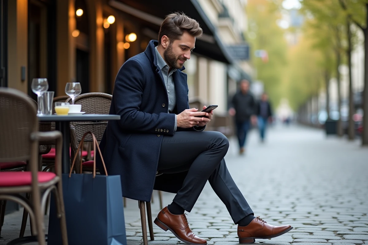 Homme chic assis au café avec sac de luxe et smartphone
