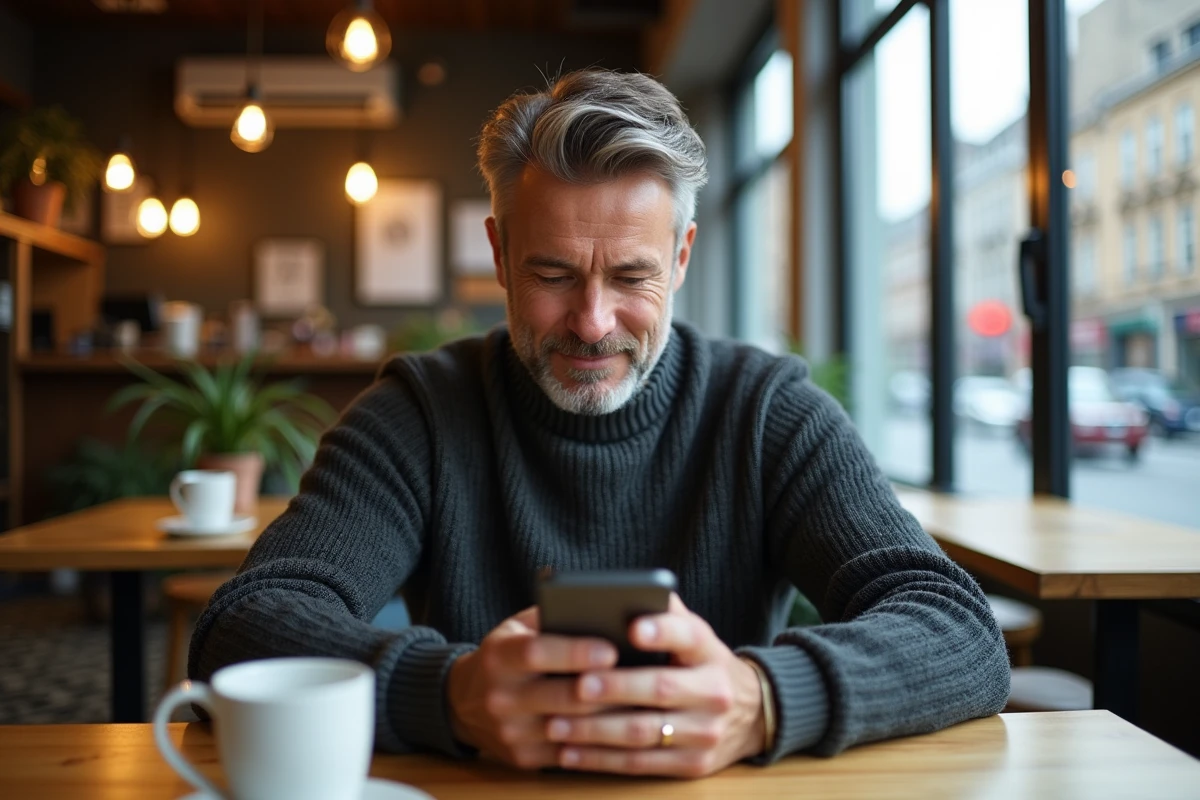 Homme au café utilisant son smartphone pour un espace client