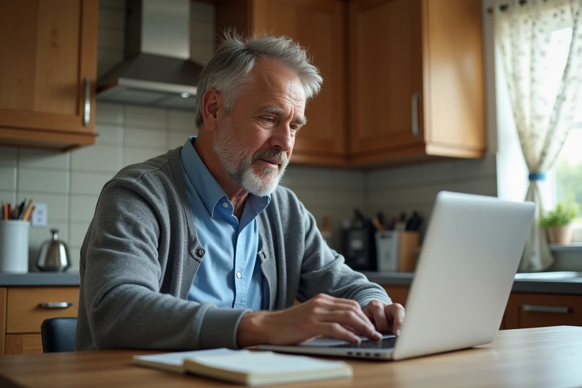 Homme en tenue d&eacute;contract&eacute;e travaillant &agrave; la maison