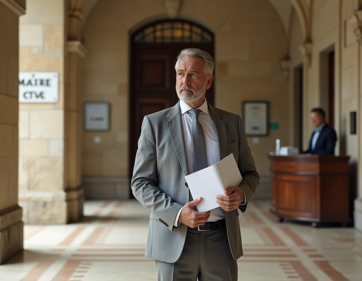Homme en costume tenant un CV à l'entrée d'une mairie française pour postuler à un emploi administratif stable