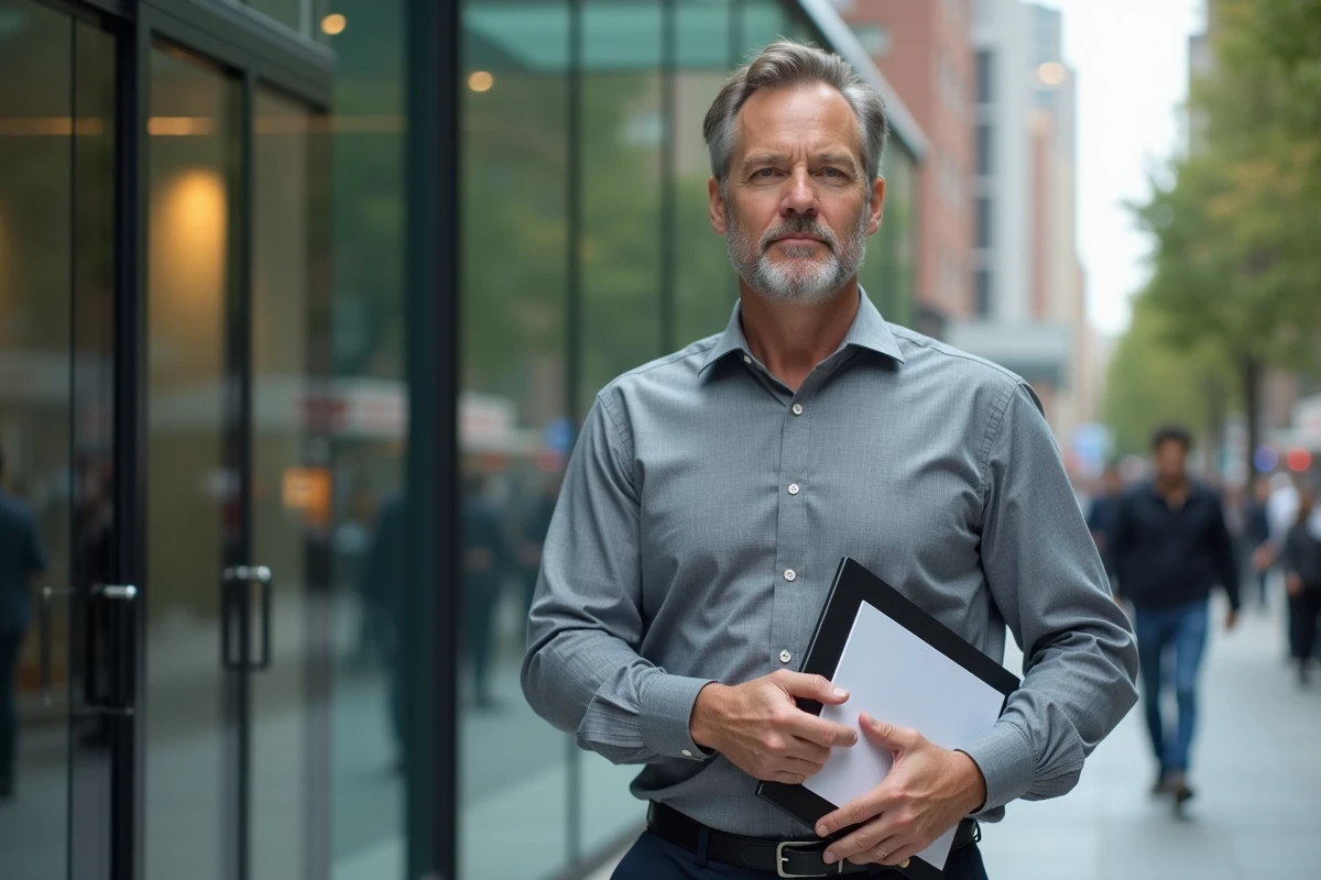 Homme en tenue professionnelle devant un immeuble de bureaux avec un dossier de CV pour un entretien d'embauche
