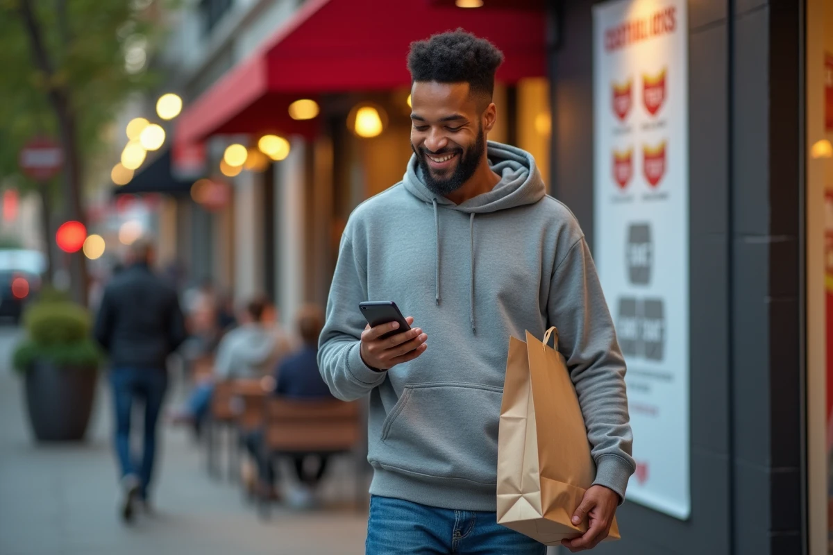Homme vérifiant son téléphone devant un fastfood en ville