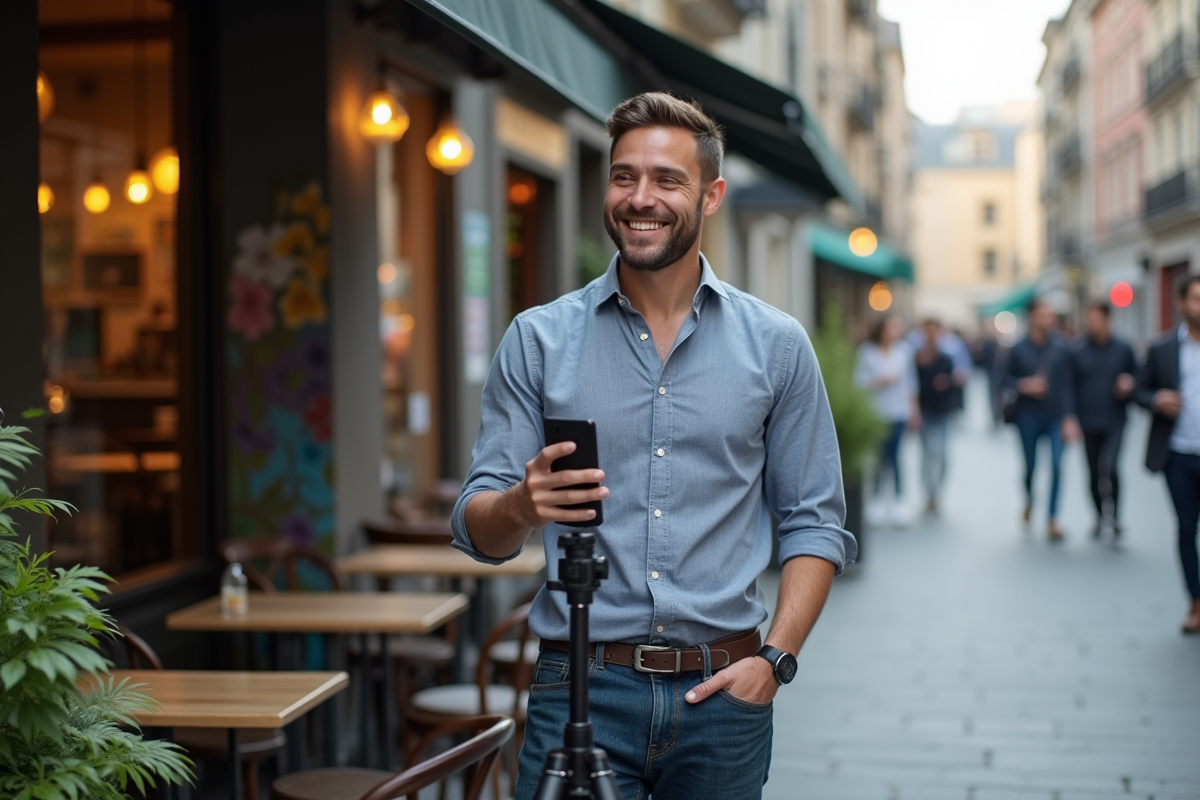 Homme filmant en extérieur près d