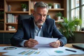 Homme d'âge moyen analysant des documents financiers dans un bureau lumineux