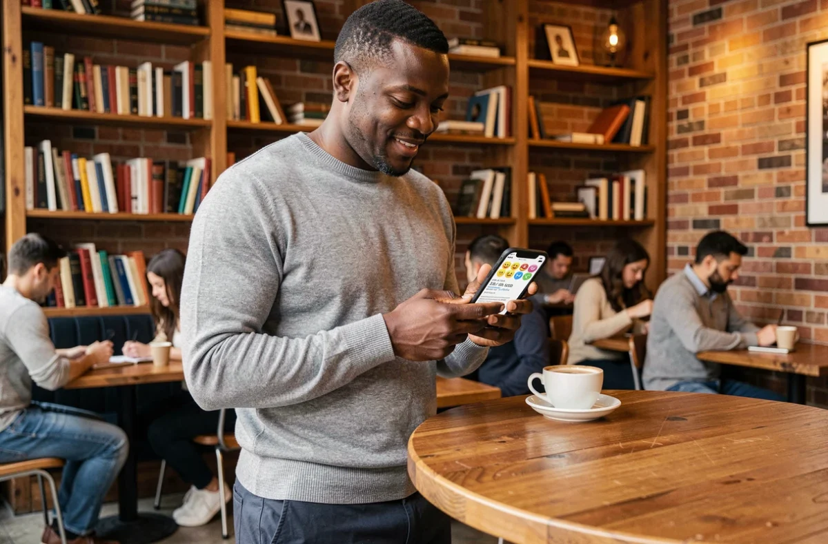 Homme professionnel consultant LinkedIn avec emojis sur smartphone dans un café branché