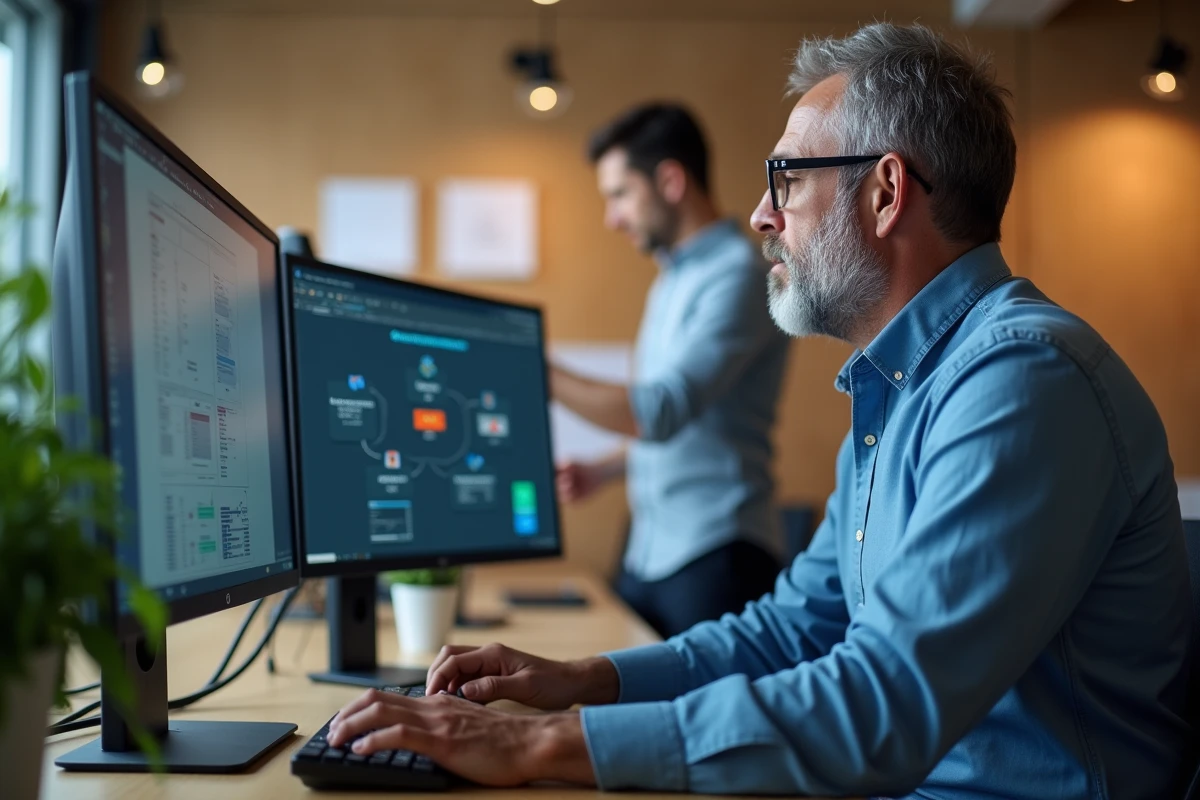 Homme sp&eacute;cialiste informatique travaillant avec un coll&egrave;gue en arri&egrave;re-plan
