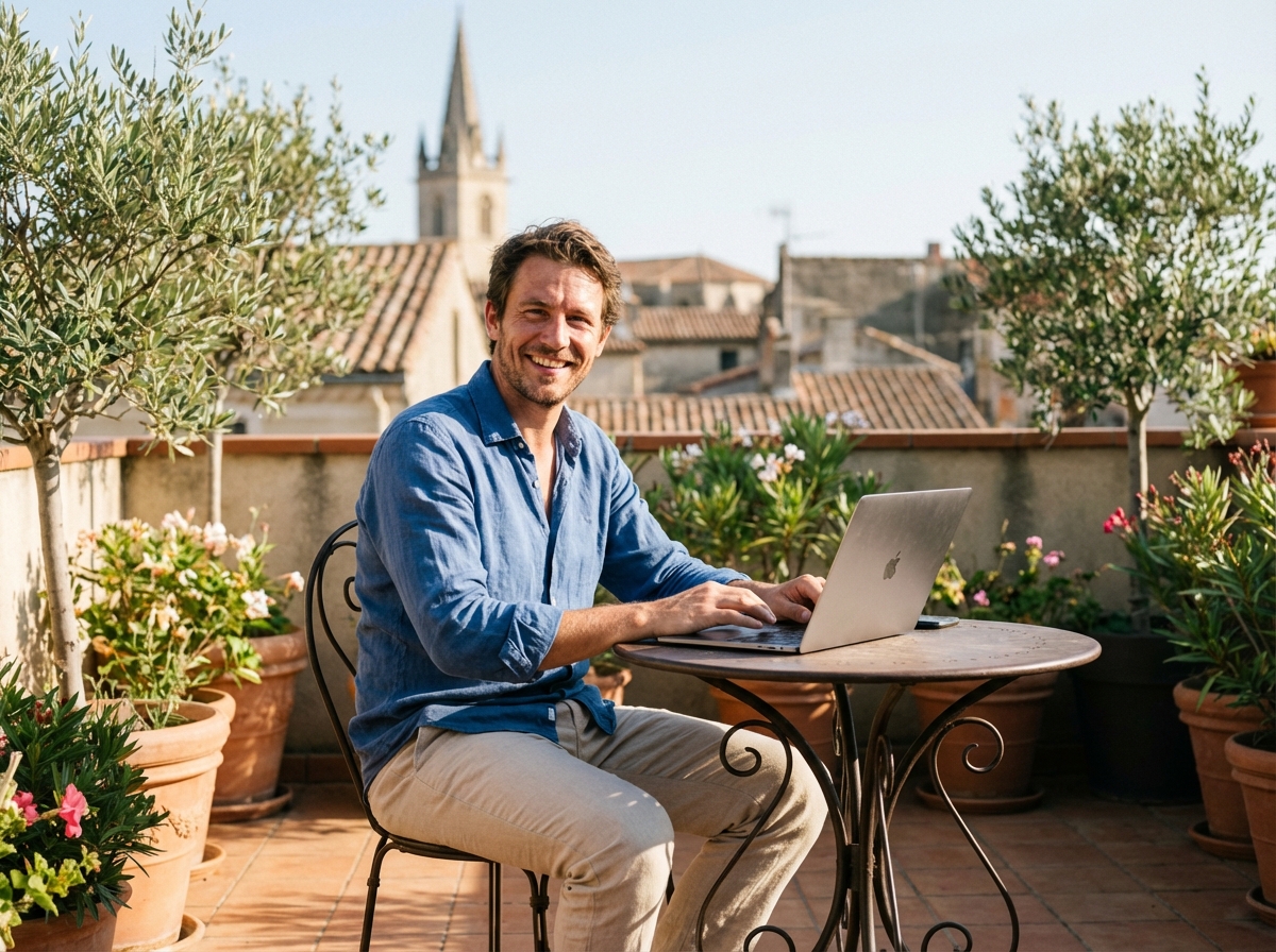 Homme souriant travaillant sur un ordinateur à Béziers