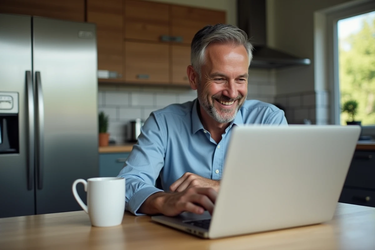 Homme travaillant sur son ordinateur dans la cuisine