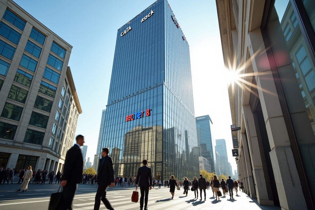 Façade d un immeuble de la bourse à Paris avec logos CAC 40