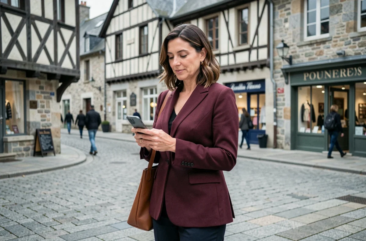 Professionnelle indépendante consultant son téléphone dans le centre historique de Lannion, symbole du portage salarial en mobilité